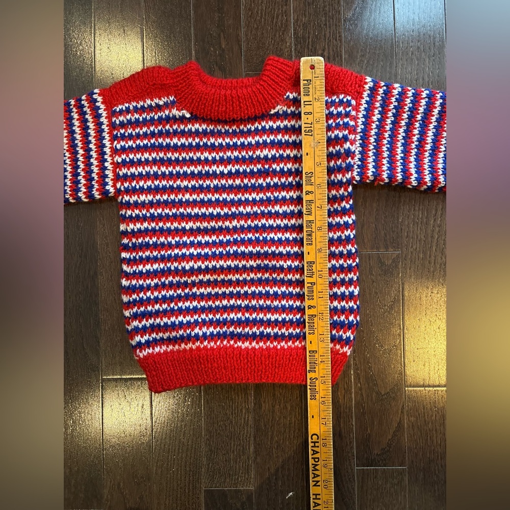 Homemade child’s Red and Blue Striped Knit Sweater